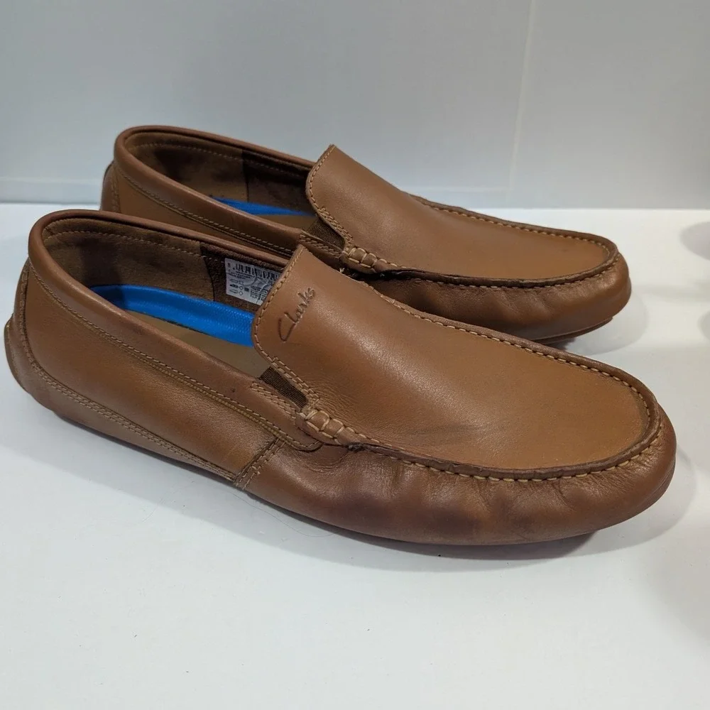 Clarks Markman Plain Tan Leather Driving Loafers Mens 12 M Slip On Shoes Work